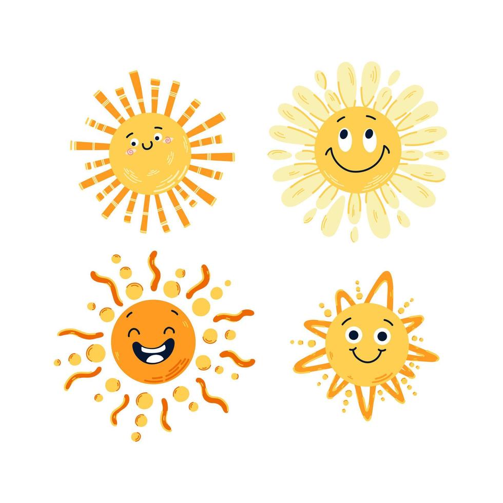 conjunto de ilustração de ícone de sol bonito engraçado desenhado de mão. coleção ensolarada feliz infantil amarela. pequenos sóis vetoriais isolados para design de impressão vetor