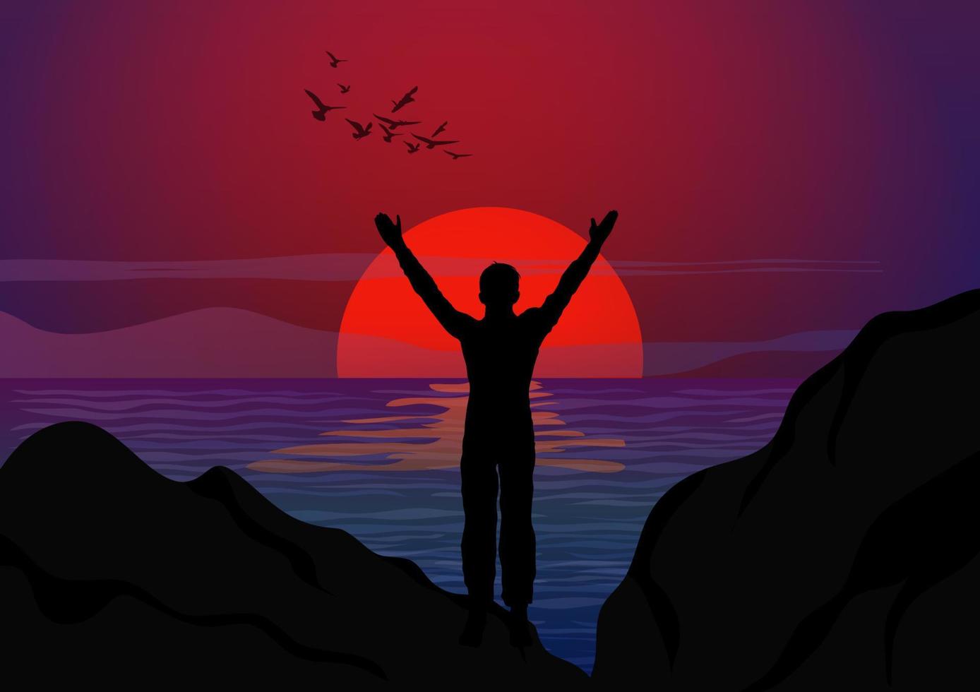 desenho de silhueta de conceito de ação de graças o homem de pé para levantar a mão com ilustração vetorial de fundo do mar e pôr do sol vetor