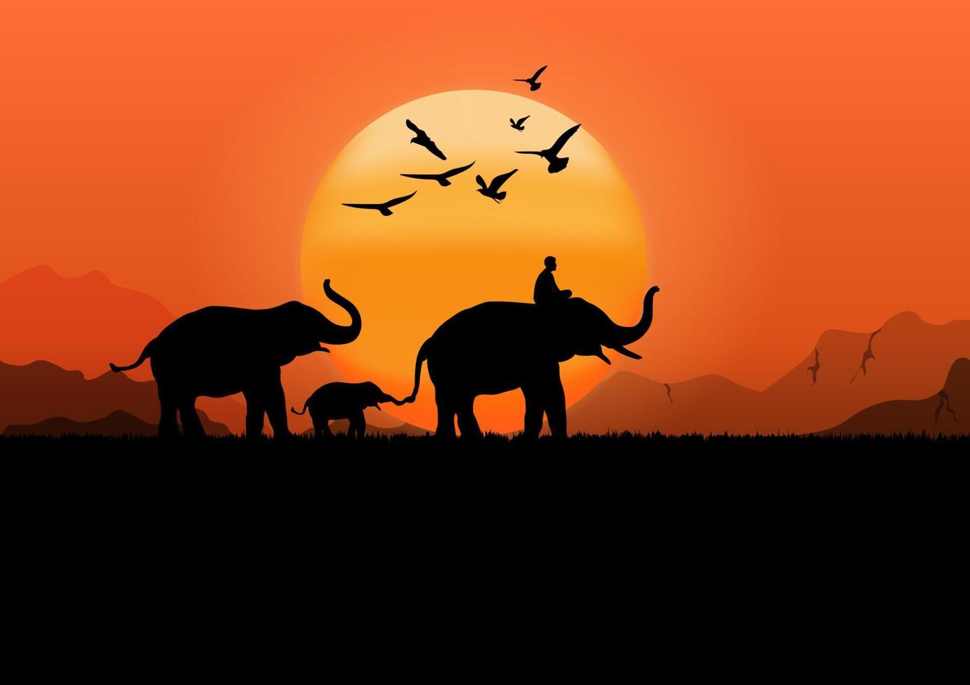 imagem de silhueta elefante preto com elefante mahout andando na floresta com fundo de montanha e pôr do sol ilustração vetorial de luz à noite vetor