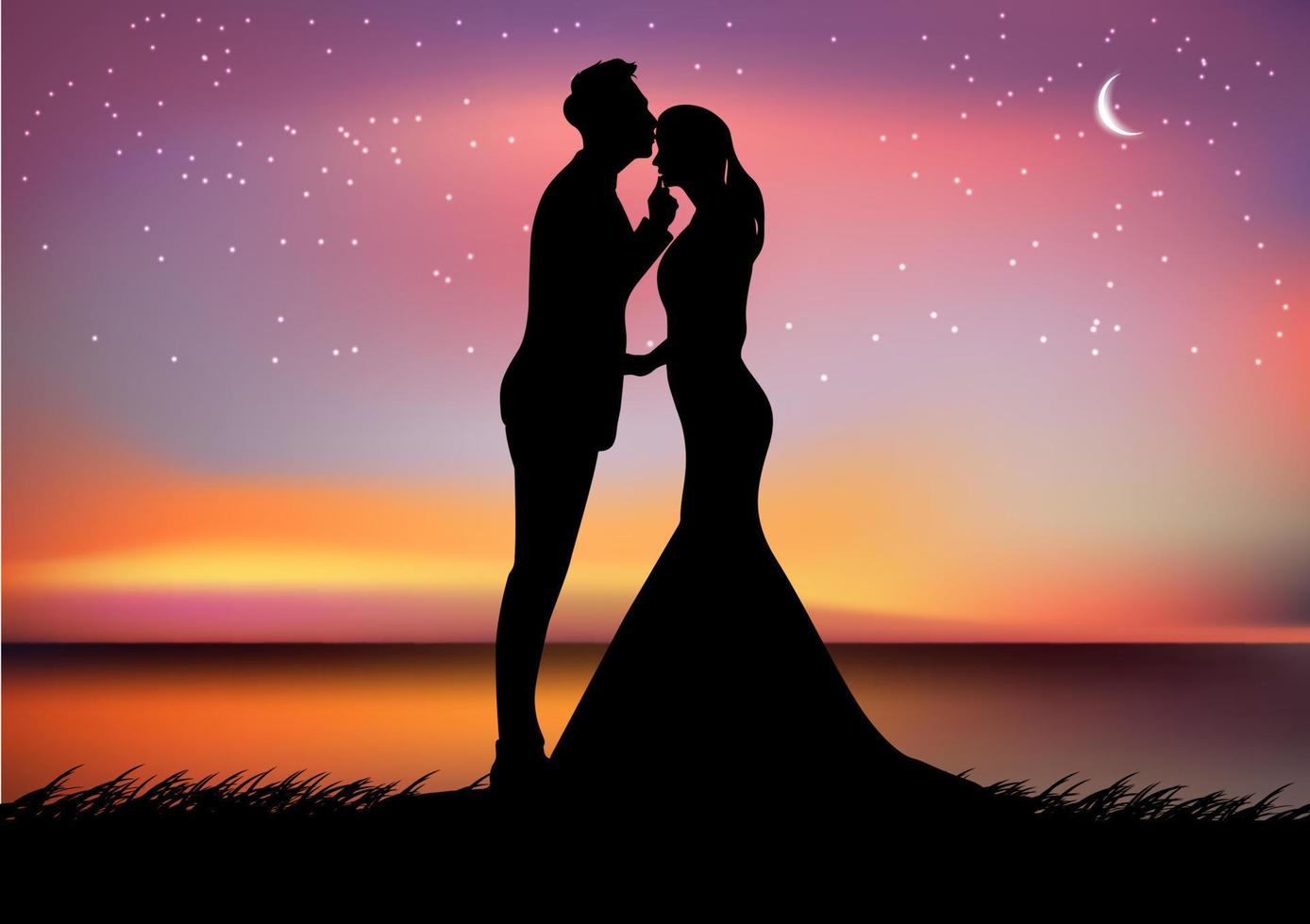 imagem de silhueta um casal homem e mulheres com lua no céu à noite ilustração vetorial de design vetor