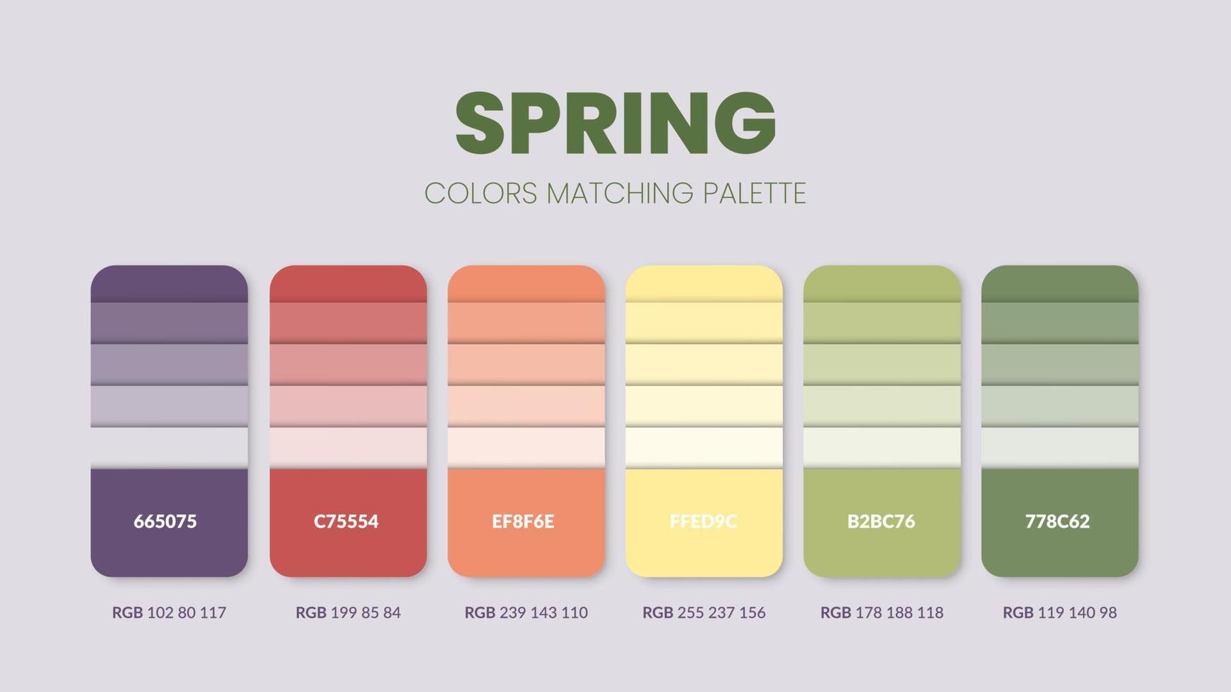 paletas de cores de primavera ou esquemas de cores são combinações de tendências e guias de paletas este ano, tabela de tons de cores em rgb ou hex. uma amostra de cor para um dia suave de moda, casa ou design de interiores vetor