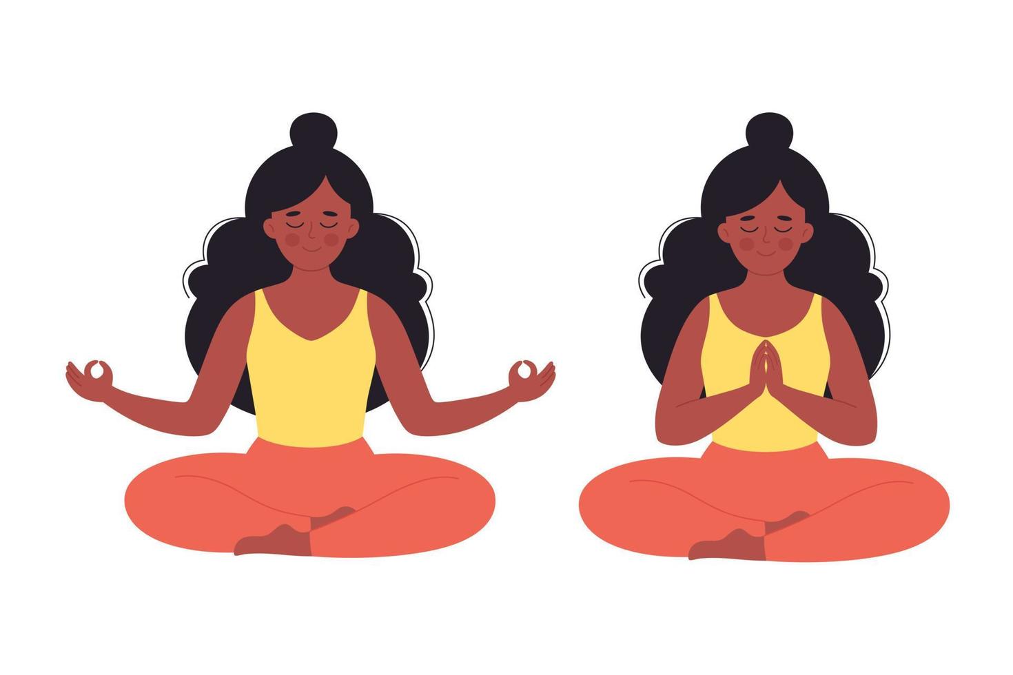 mulher negra meditando em pose de lótus. estilo de vida saudável, ioga, relaxe, exercícios respiratórios. vetor