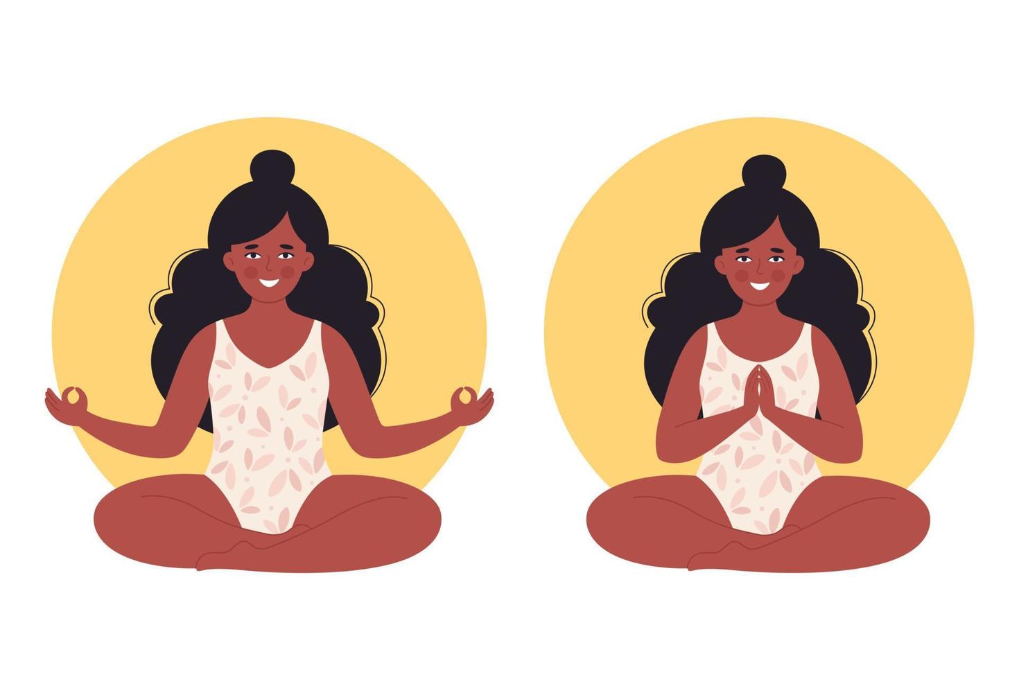 mulher negra meditando em traje de banho. estilo de vida saudável, ioga, exercícios respiratórios vetor