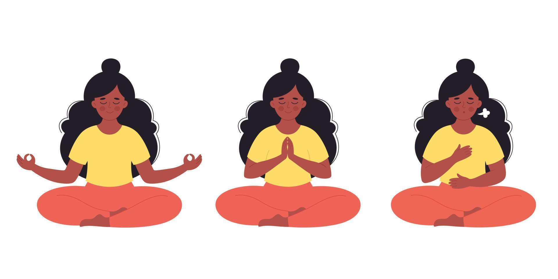 mulher negra meditando em pose de lótus. estilo de vida saudável, ioga, exercícios respiratórios. vetor