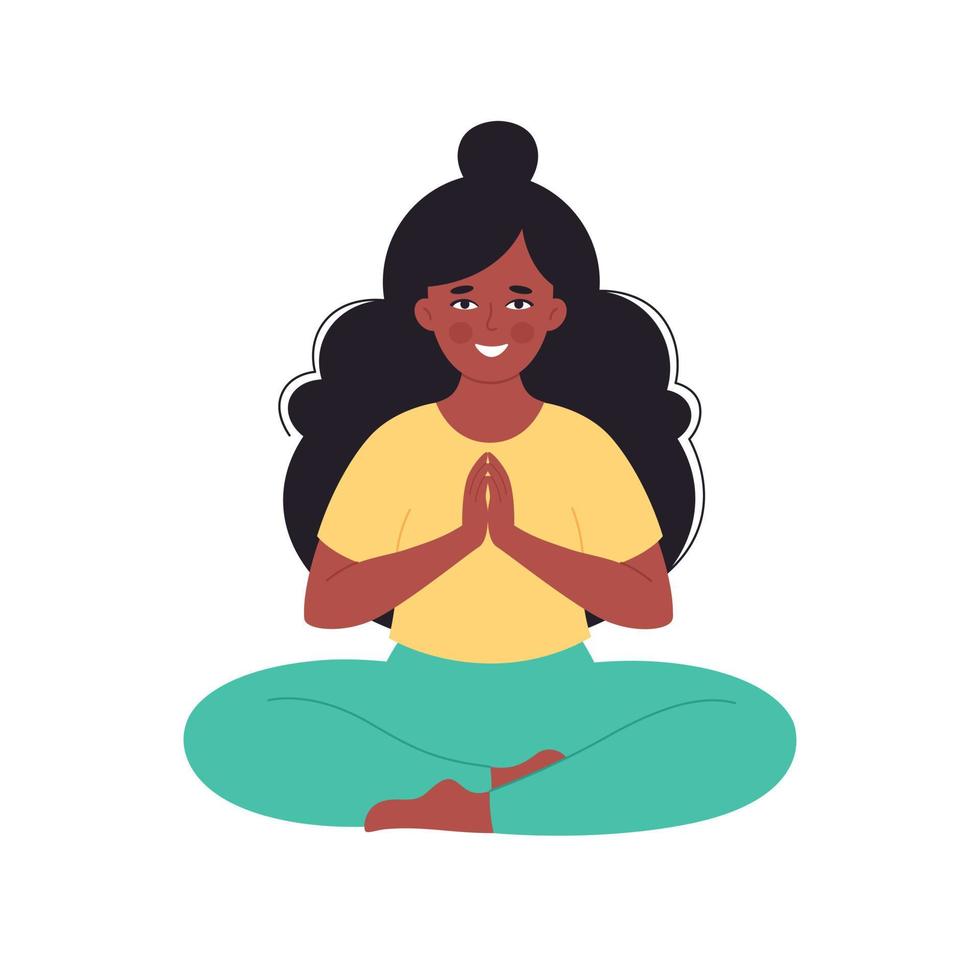 mulher negra meditando em pose de lótus. estilo de vida saudável, ioga, relaxe, exercícios respiratórios. vetor