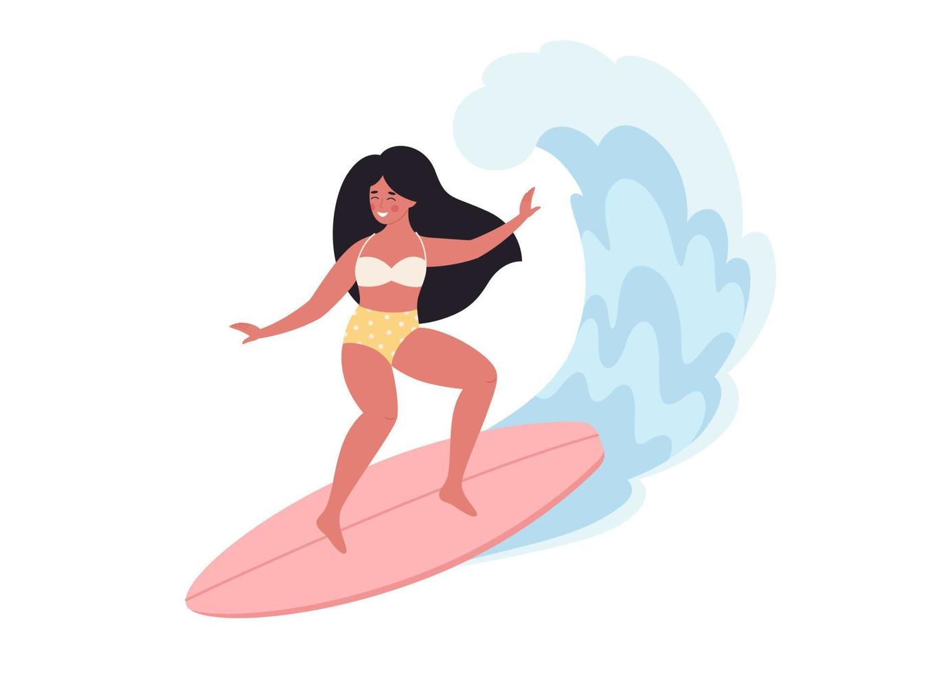 mulher surfando na prancha de surf e pegando ondas no oceano. atividade de verão, verão, surf. Olá verão. férias de verão vetor