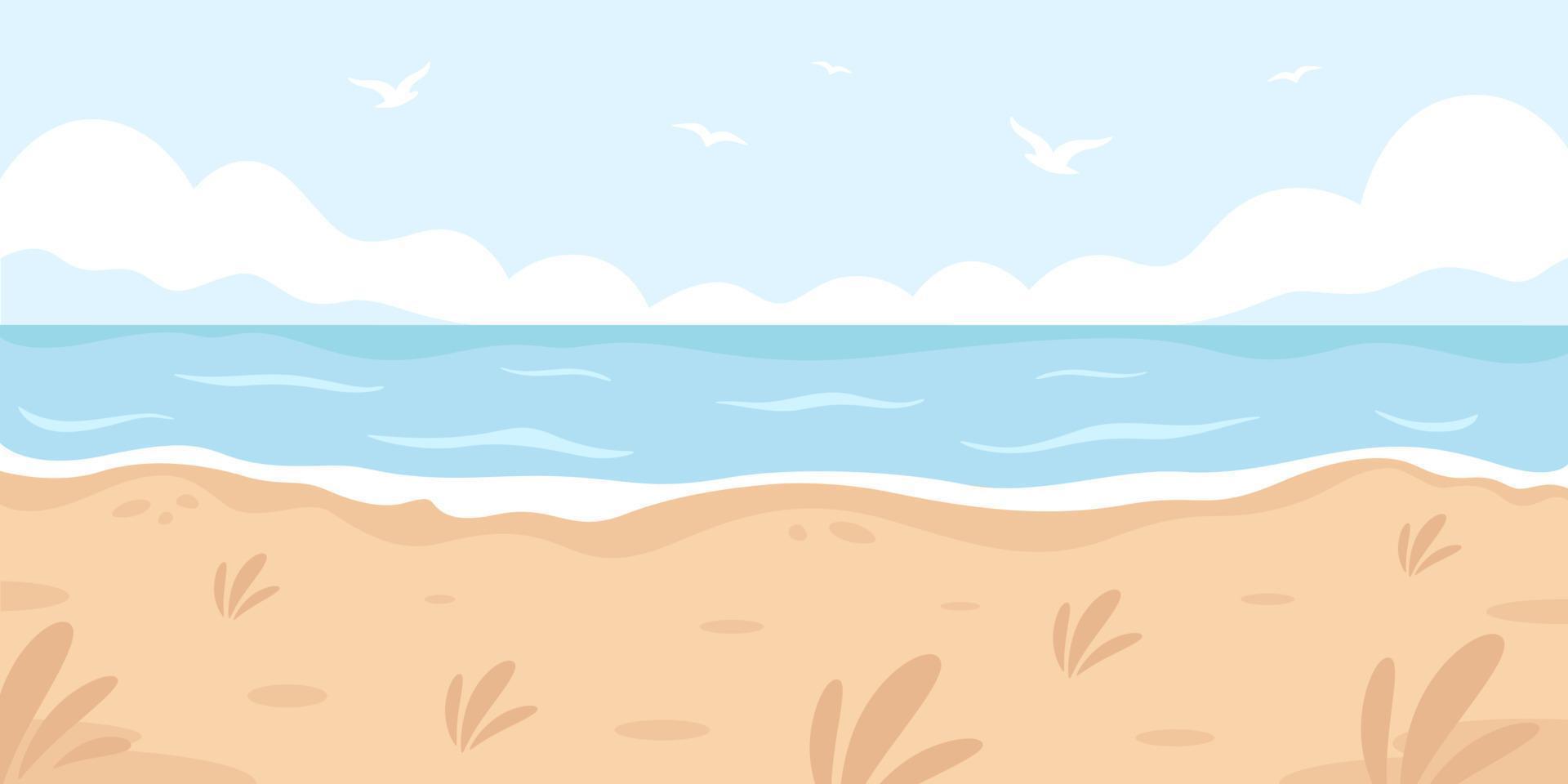 paisagem de praia de areia. olá verão, férias de verão. costa do oceano. vetor