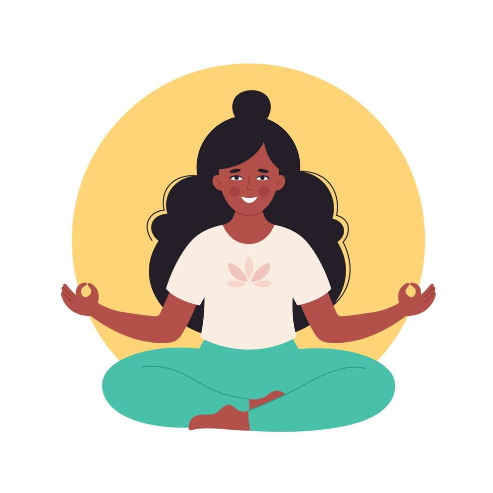 mulher negra meditando em pose de lótus. estilo de vida saudável, ioga, relaxe, exercícios respiratórios. vetor