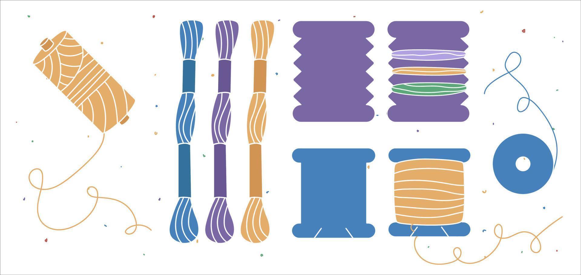 conjunto de ícones coloridos com fios na bobina, carretel de linha, fio dental. perfeito para alfaiates, costureiras, costureiras, crianças, artesãos. ilustração em vetor plana. isolado no branco bg.