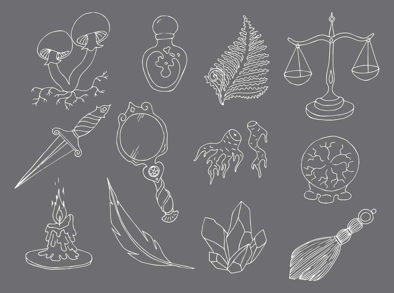 conjunto de doodle de atributos de bruxaria mágica esotérica. design incolor vetor