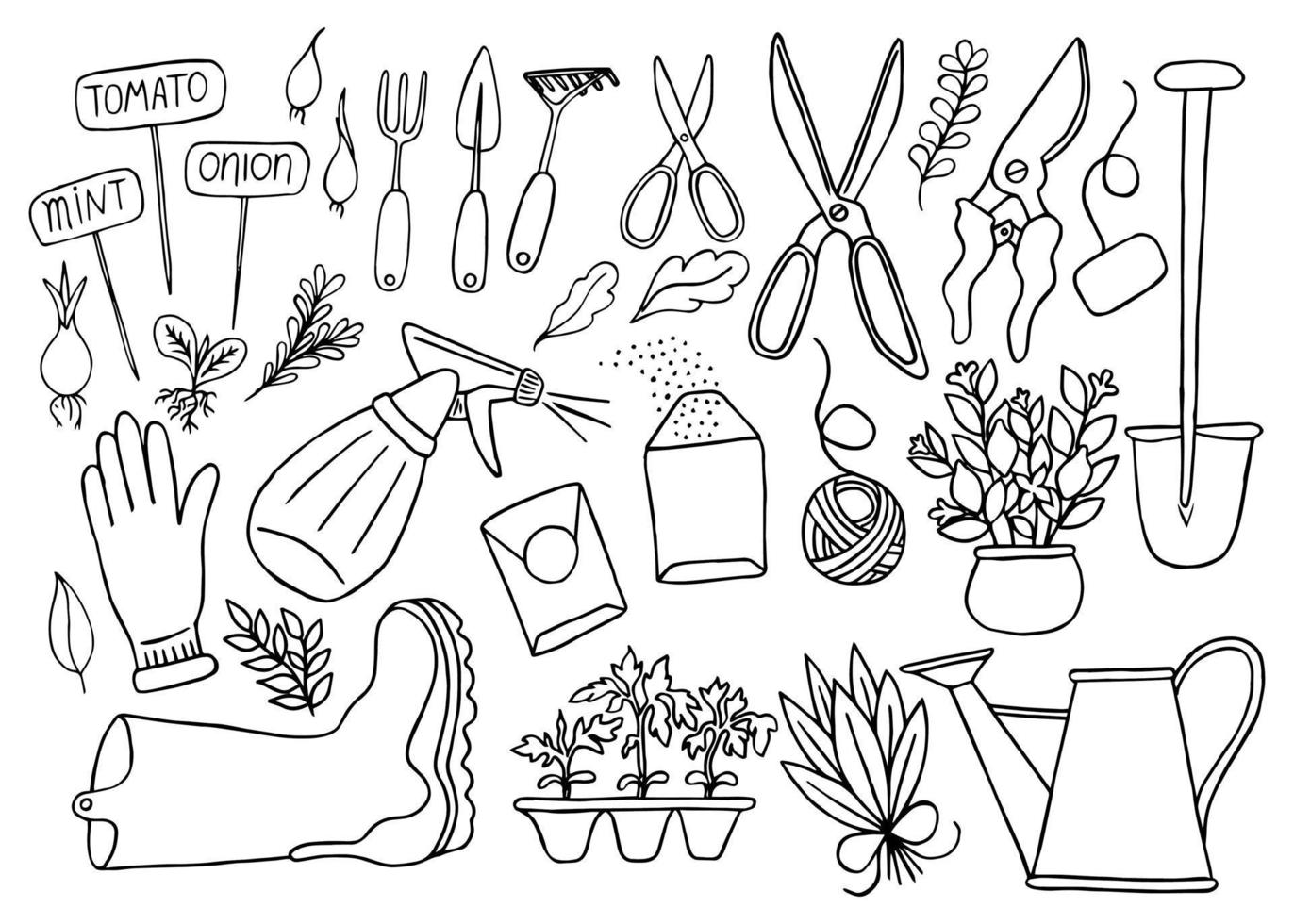 vetor definido com rabiscos isolados desenhados à mão sobre o tema do jardim, ferramentas de jardim, agricultura, equipamentos, colheita