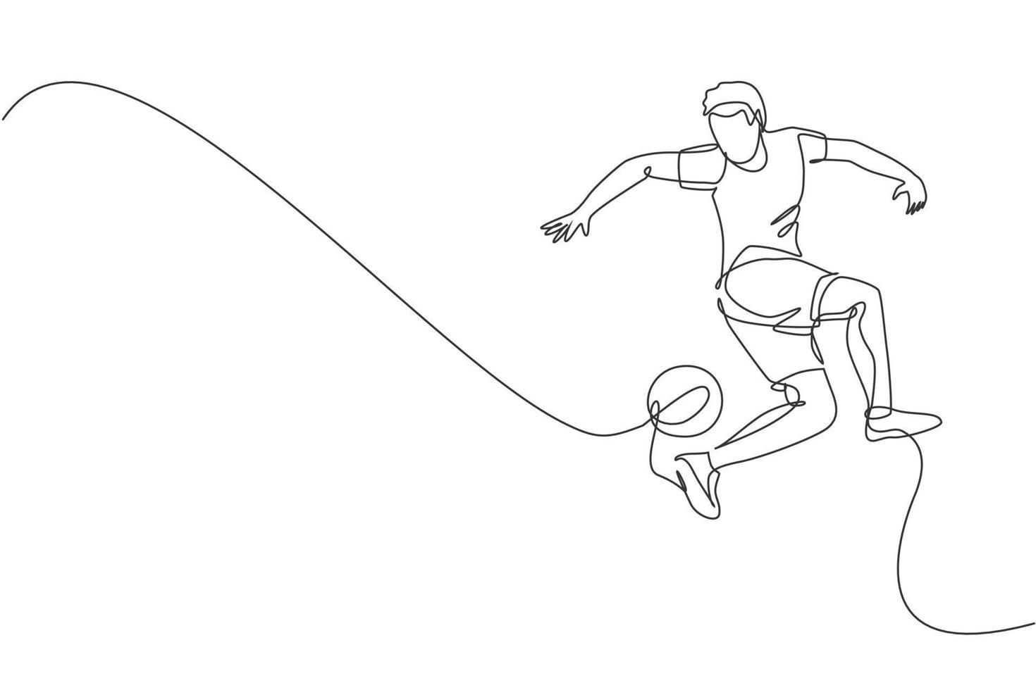 um desenho de linha contínua do jovem jogador de futebol freestyler pratica para fazer malabarismos com a bola com o calcanhar na rua. conceito de esporte freestyle de futebol. ilustração vetorial de desenho de linha única vetor