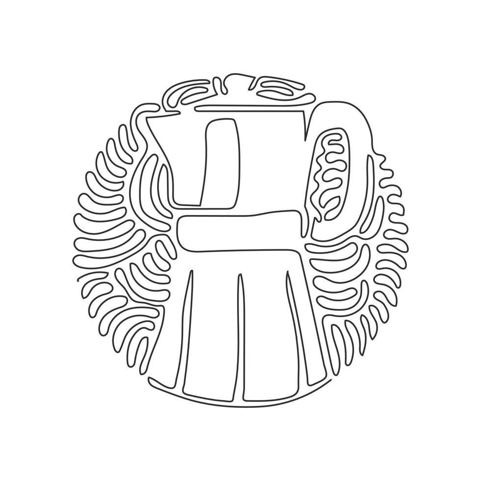 máquina de café italiana de desenho de linha única, máquina de café expresso, moka express, café mocha, cafeteira moka. redemoinho curl estilo de fundo do círculo. ilustração em vetor gráfico de desenho de linha contínua moderna