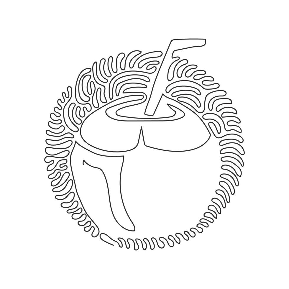 uma linha contínua desenhando bebida de água de coco verde com canudo. menu de comida e bebida de sobremesa de verão. redemoinho curl estilo de fundo do círculo. ilustração gráfica de vetor de desenho de linha única