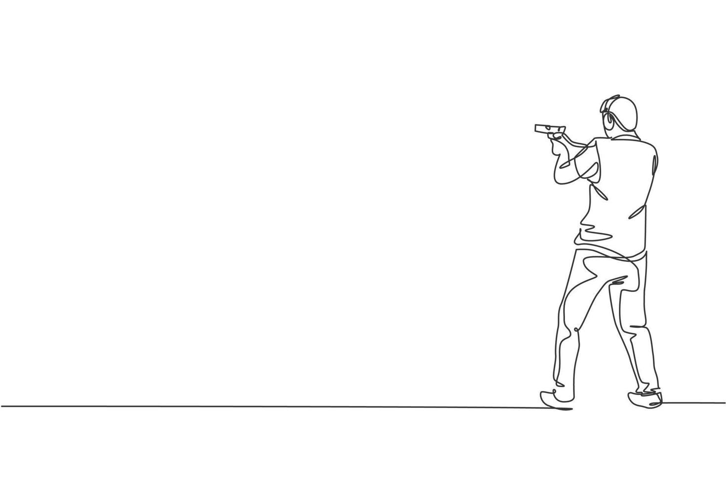 único desenho de linha contínua de atirador de homem jovem atleta segurando arma e treinamento para mirar tiro tático alvo. conceito de treinamento esportivo de tiro. ilustração em vetor design de desenho de uma linha na moda