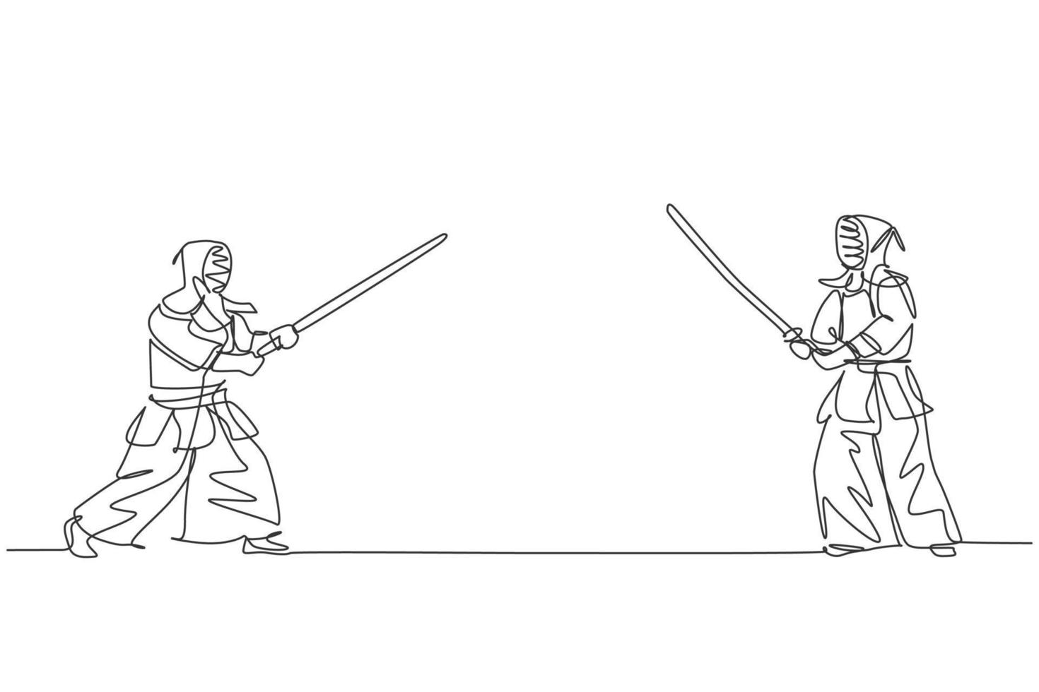 único desenho de linha contínua de jovem esportivo praticando habilidades básicas de kendo, postura antes da luta no centro esportivo do ginásio. conceito de esporte de luta. ilustração em vetor design de desenho de uma linha na moda