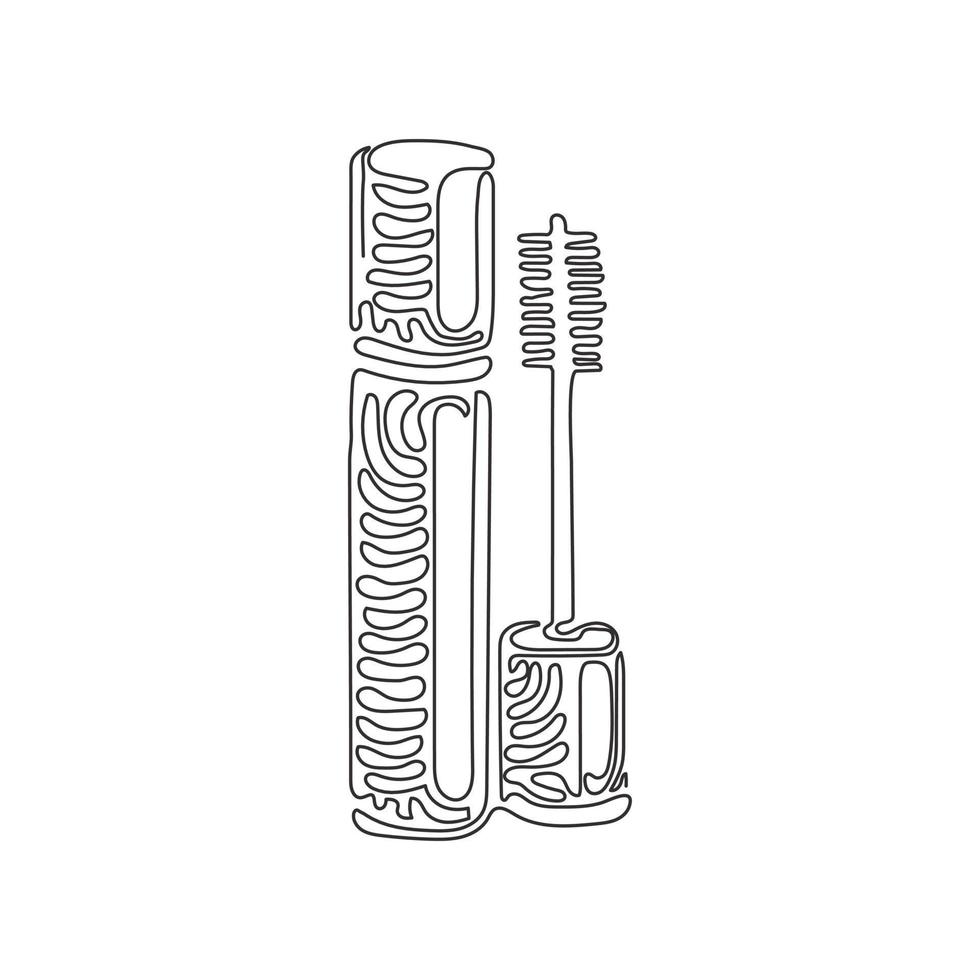 garrafa de rímel preto de desenho de uma linha contínua. pincel e tubo de rímel. design de maquiagem de cosméticos da moda para os olhos. conceito de estilo de onda de redemoinho. ilustração gráfica de vetor de desenho de linha única