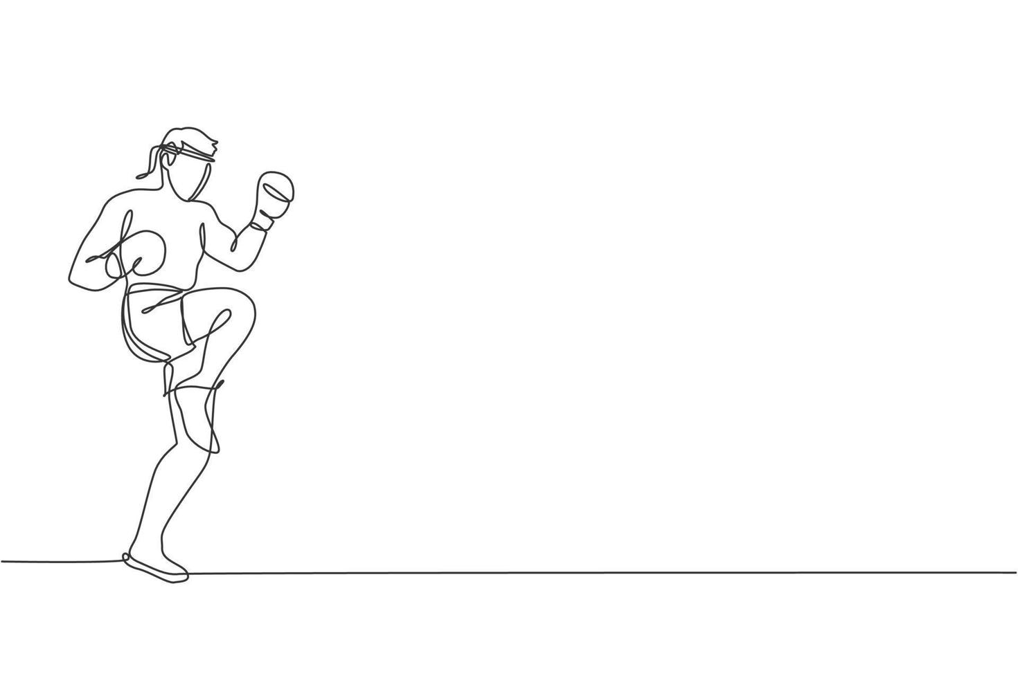 um único desenho de linha do jovem lutador de muay thai enérgico exercitando chute na ilustração vetorial de academia de ginástica. conceito de esporte de boxe tailandês combativo. design moderno de desenho de linha contínua vetor