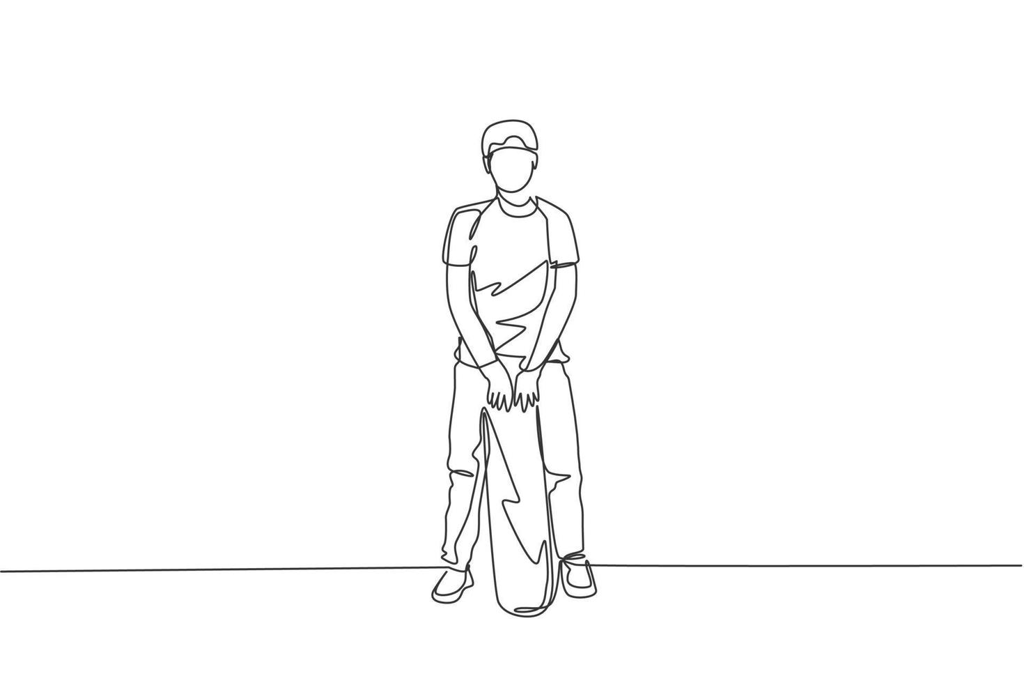 único desenho de linha contínua do jovem skatista legal segurando skate e pose elegante para mostrar a camisa de vestuário no parque de skate. conceito de esporte ao ar livre. ilustração em vetor design de desenho de uma linha na moda