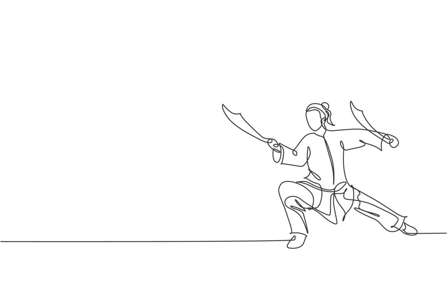 um único desenho de linha de jovem na arte marcial wushu de exercício de quimono, técnica de kung fu com espadas na ilustração vetorial de centro de ginástica. conceito de esporte de luta. design moderno de desenho de linha contínua vetor