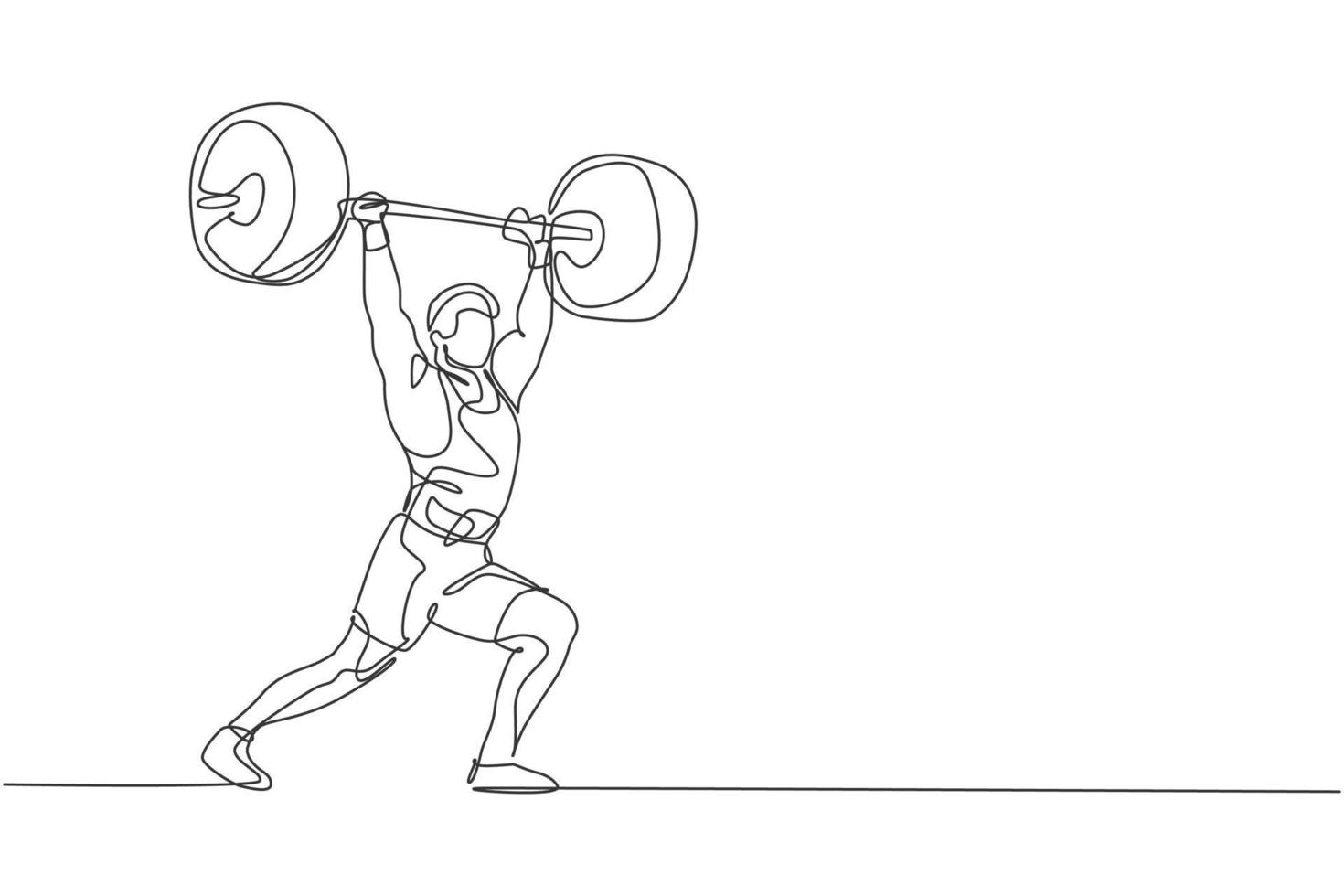 um desenho de linha contínua de homem jovem fisiculturista fazendo exercício com uma barra de peso pesado no ginásio. conceito de levantamento de peso de trem powerlifter. ilustração em vetor gráfico de desenho de linha única dinâmica