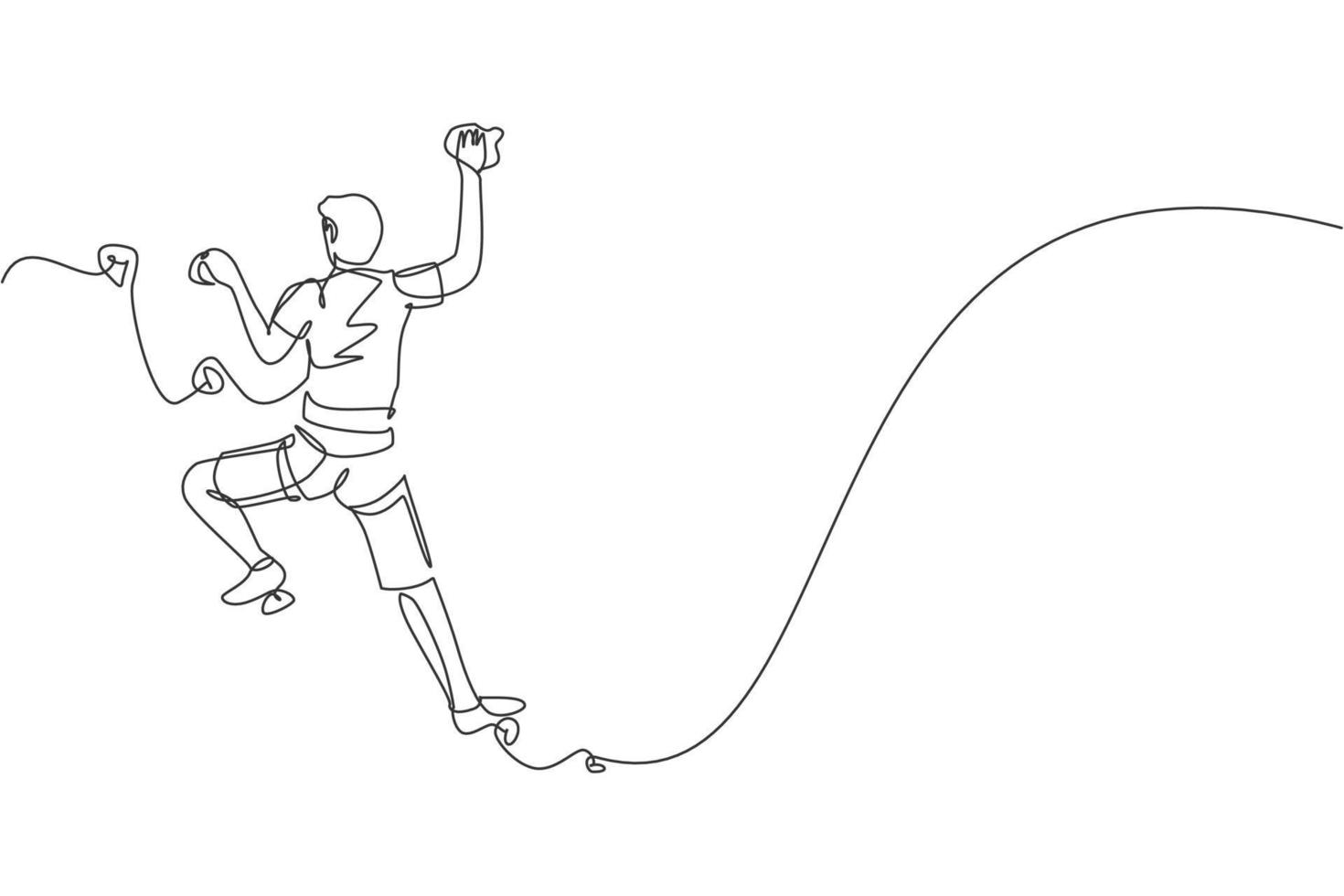 um desenho de linha contínua do homem jovem alpinista de bravura prática pendendo sobre a montanha do penhasco de rocha com corda de segurança. conceito de esporte radical perigoso. ilustração em vetor design de desenho de linha única dinâmica