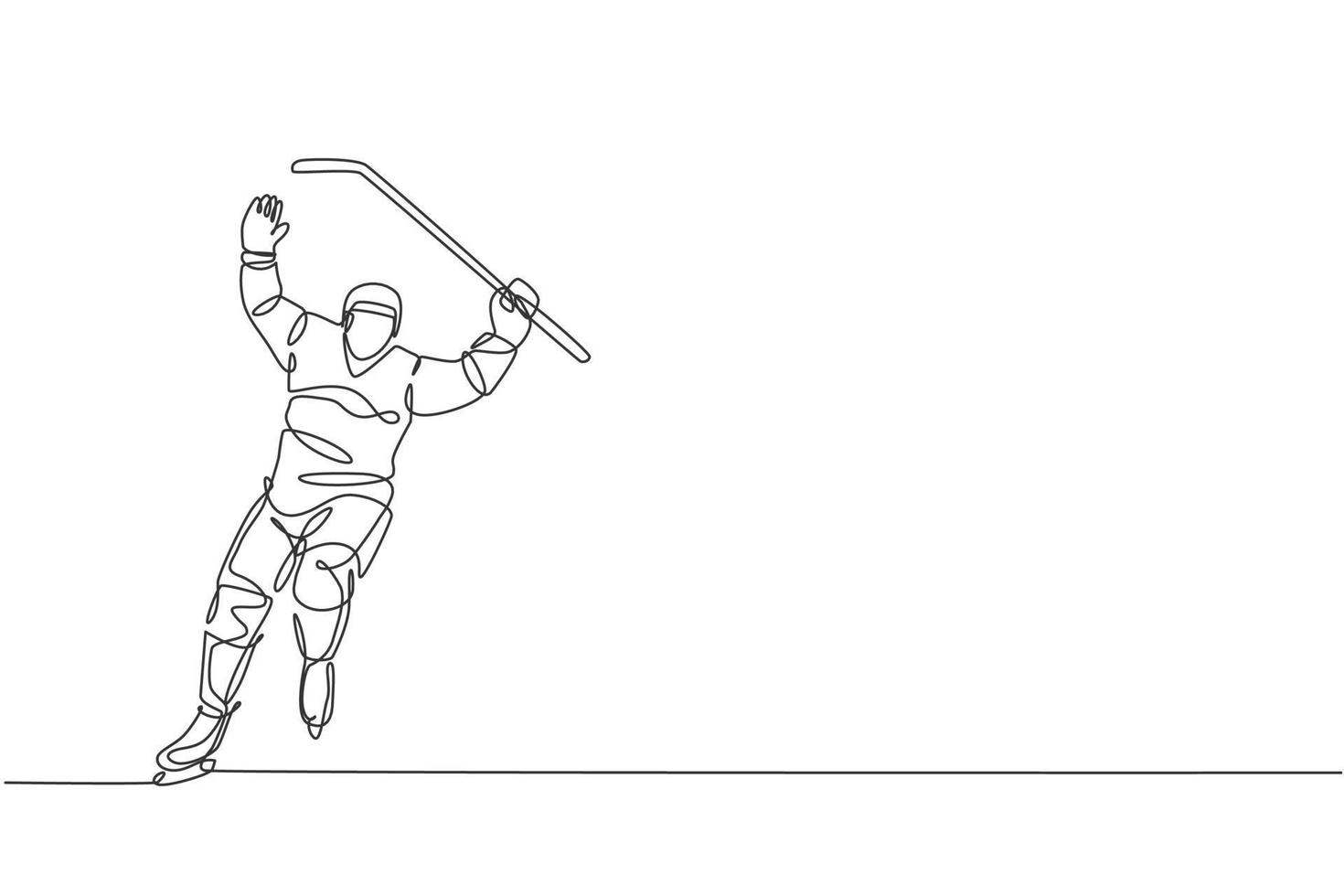 uma única linha desenhando um jovem jogador de hóquei no gelo em ação para comemorar um gol no jogo na ilustração vetorial gráfica do estádio de pista de gelo. conceito de torneio esportivo. design moderno de desenho de linha contínua vetor