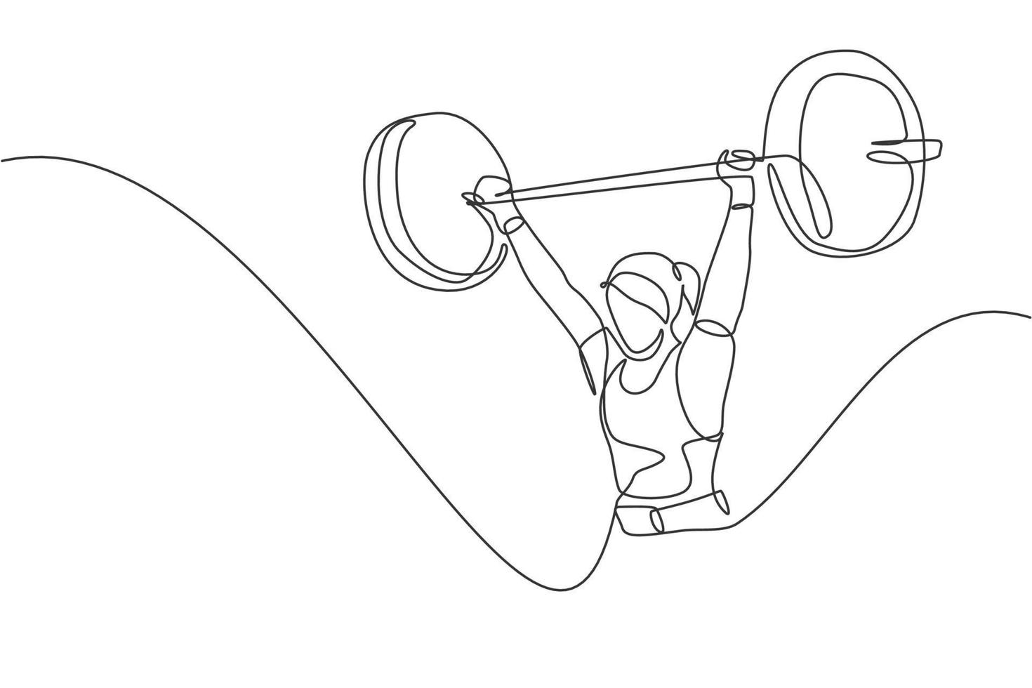 um único desenho de linha de mulher muscular jovem atleta apto levantando halteres malhando em uma ilustração vetorial de ginásio. levantador de peso se preparando para o conceito de treinamento. design moderno de desenho de linha contínua vetor