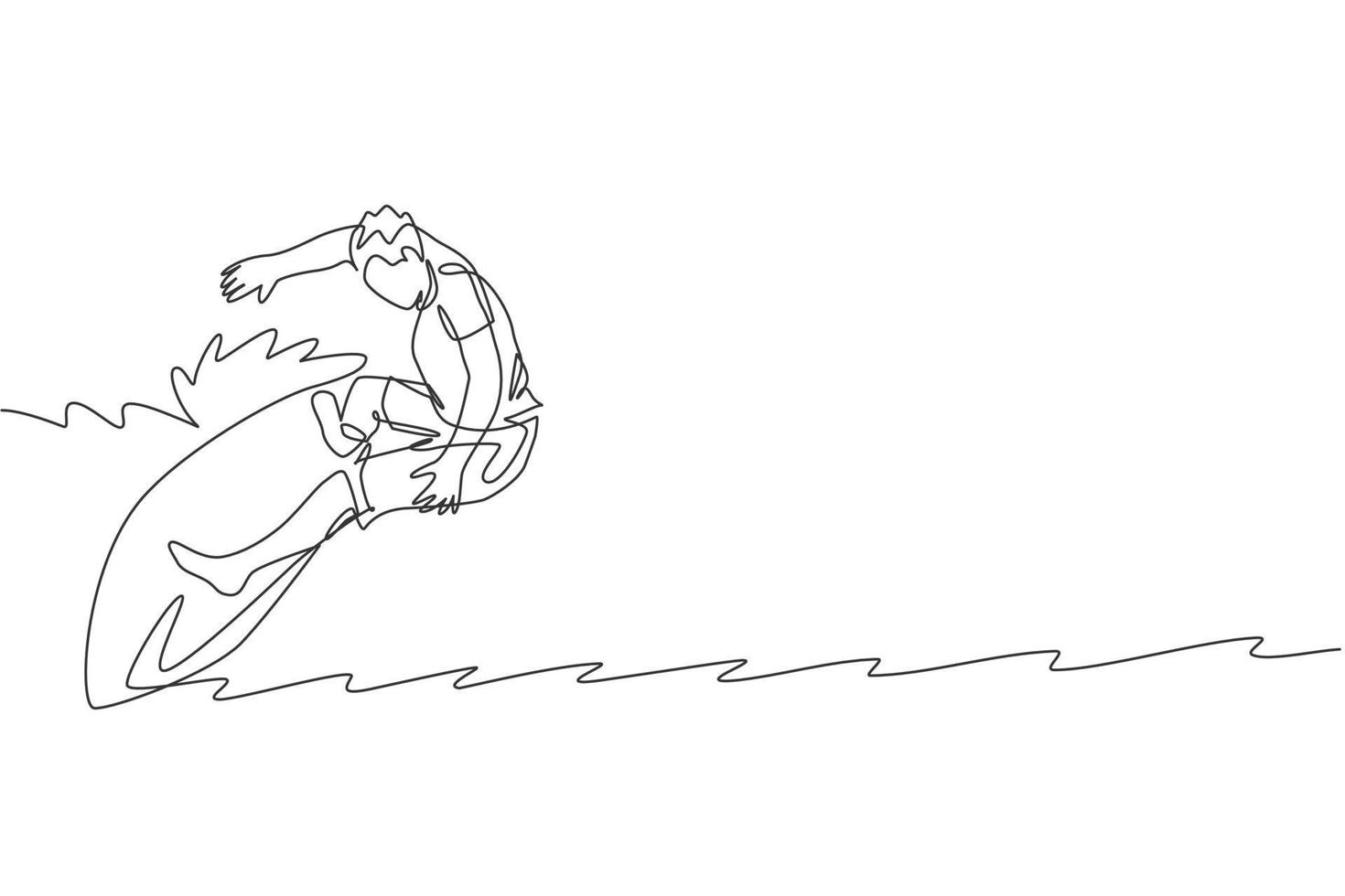 uma linha contínua de desenho jovem surfista feliz turista exercitando surf no oceano ondulado. conceito de esporte aquático extremo saudável. férias de verâo. ilustração gráfica vetorial de design de desenho de linha única dinâmica vetor