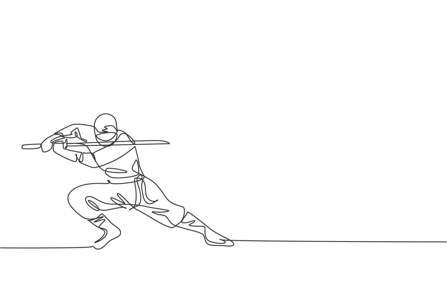 único desenho de linha contínua do jovem guerreiro ninja da cultura japonesa em traje de máscara com pose de postura de ataque. conceito de samurai de luta de arte marcial. ilustração em vetor design de desenho de uma linha na moda