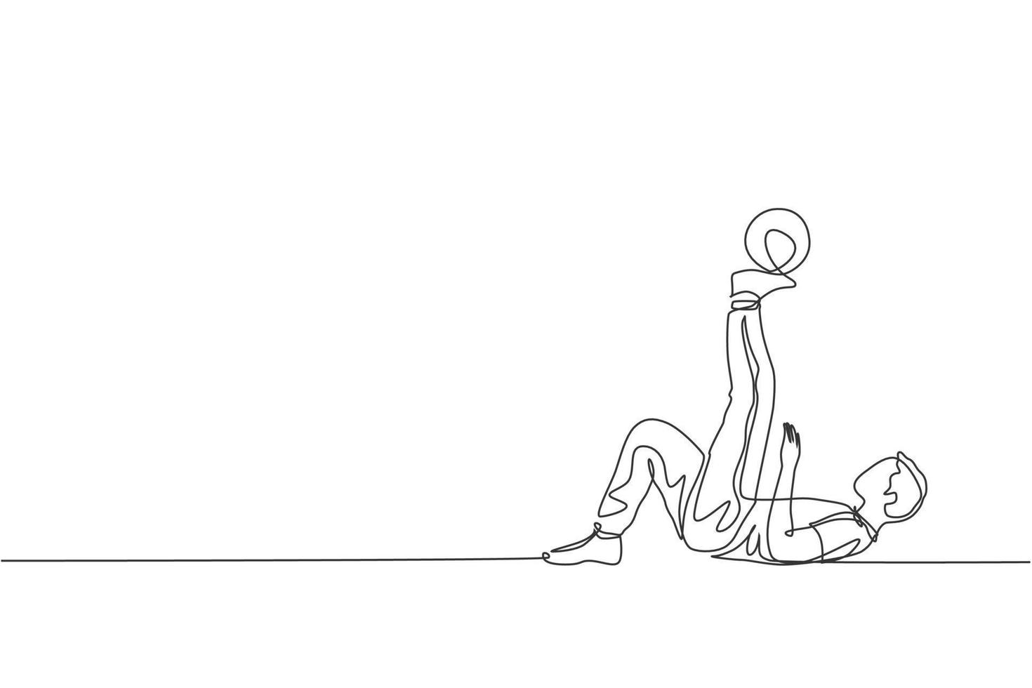 um desenho de linha contínua da prática de freestyler de futebol jovem desportivo segure a bola com o dedo do pé na rua. conceito de esporte freestyle de futebol. ilustração em vetor design de desenho de linha única dinâmica
