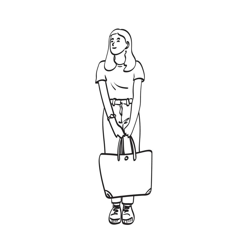 arte de linha comprimento total da mulher segurando a bolsa ilustração vetorial desenhada à mão isolada no fundo branco vetor