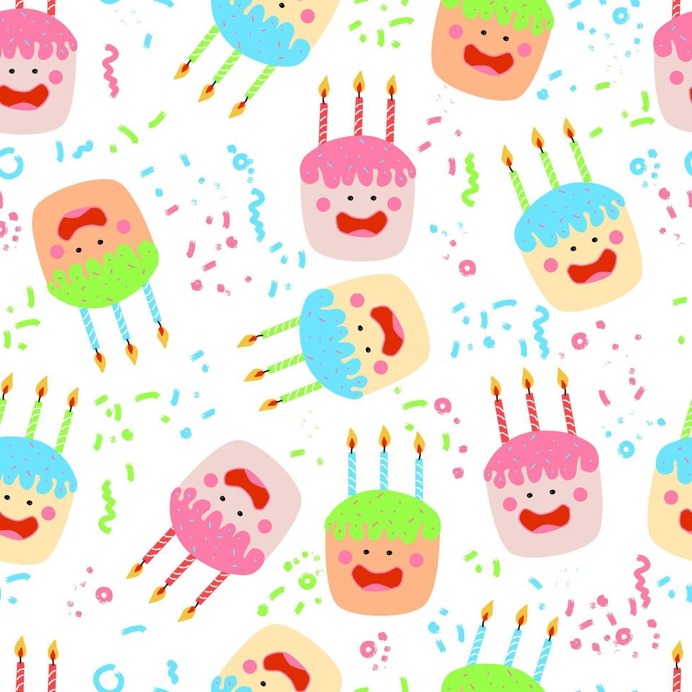 bolos kawaii fofos com velas isolados personagens peculiares com rosto olhos bochechas e sorriso padrão sem emenda de vetor com confete