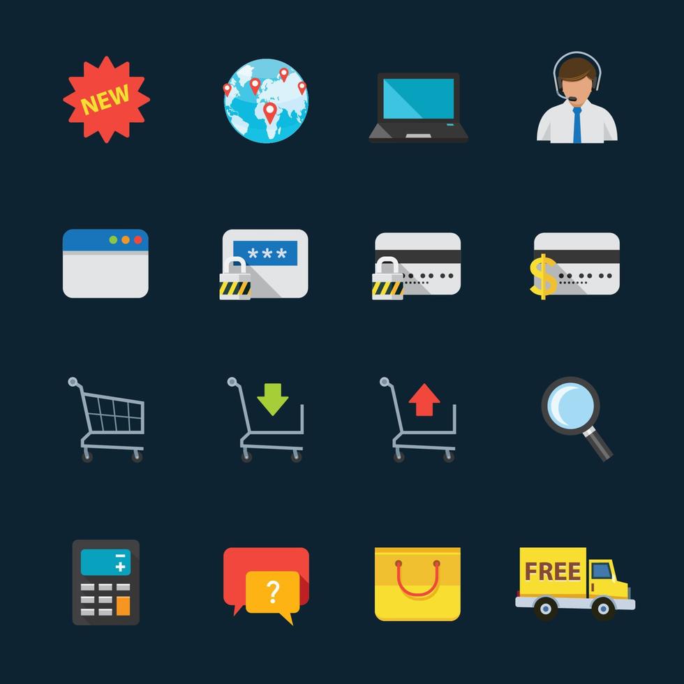 ícones de comércio eletrônico e compras online com fundo preto vetor