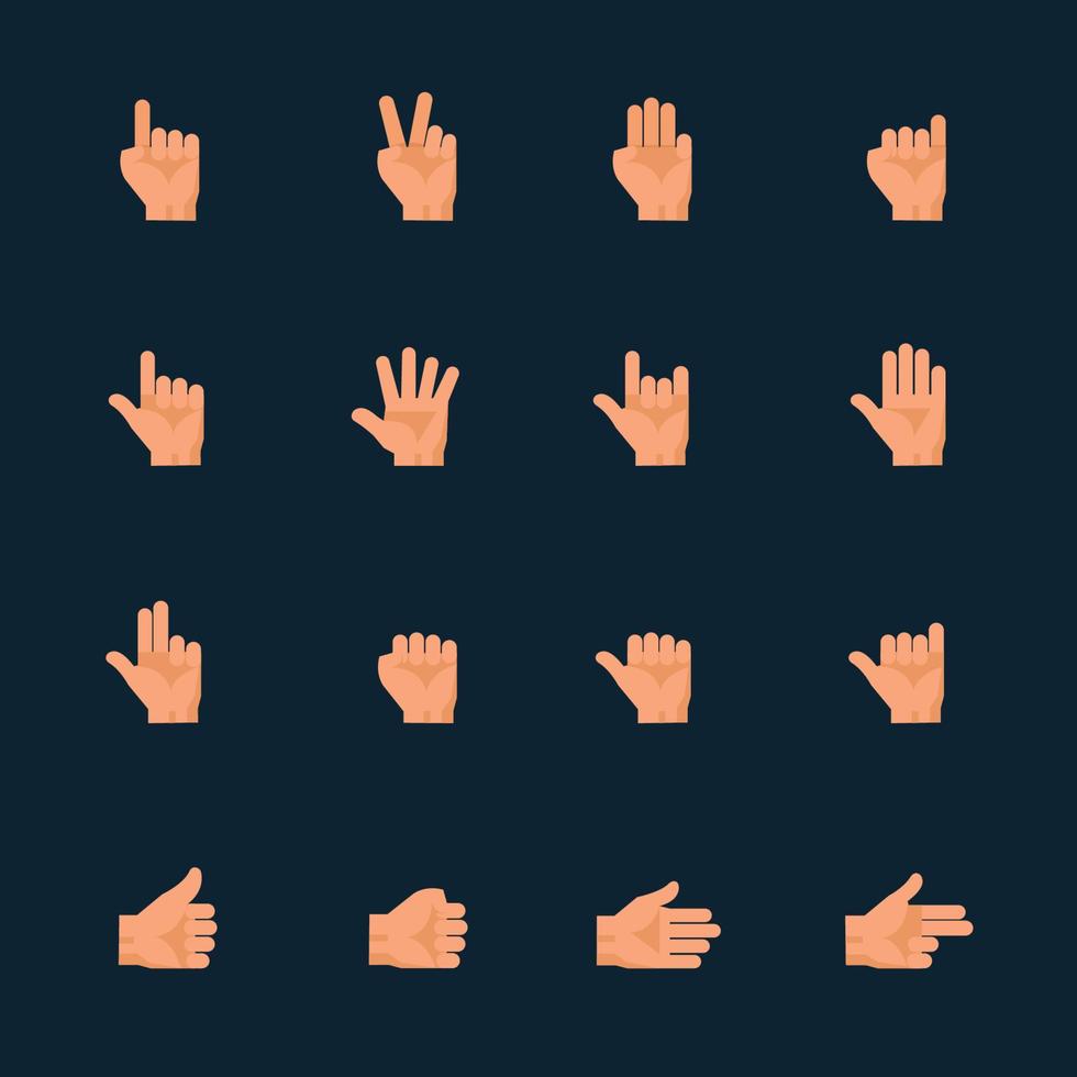 mãos e ícones de gestos de mão com fundo preto vetor