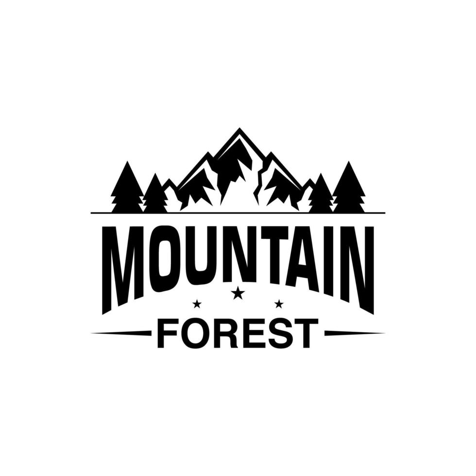 logotipo de design de montanha e floresta de pinheiros vetor