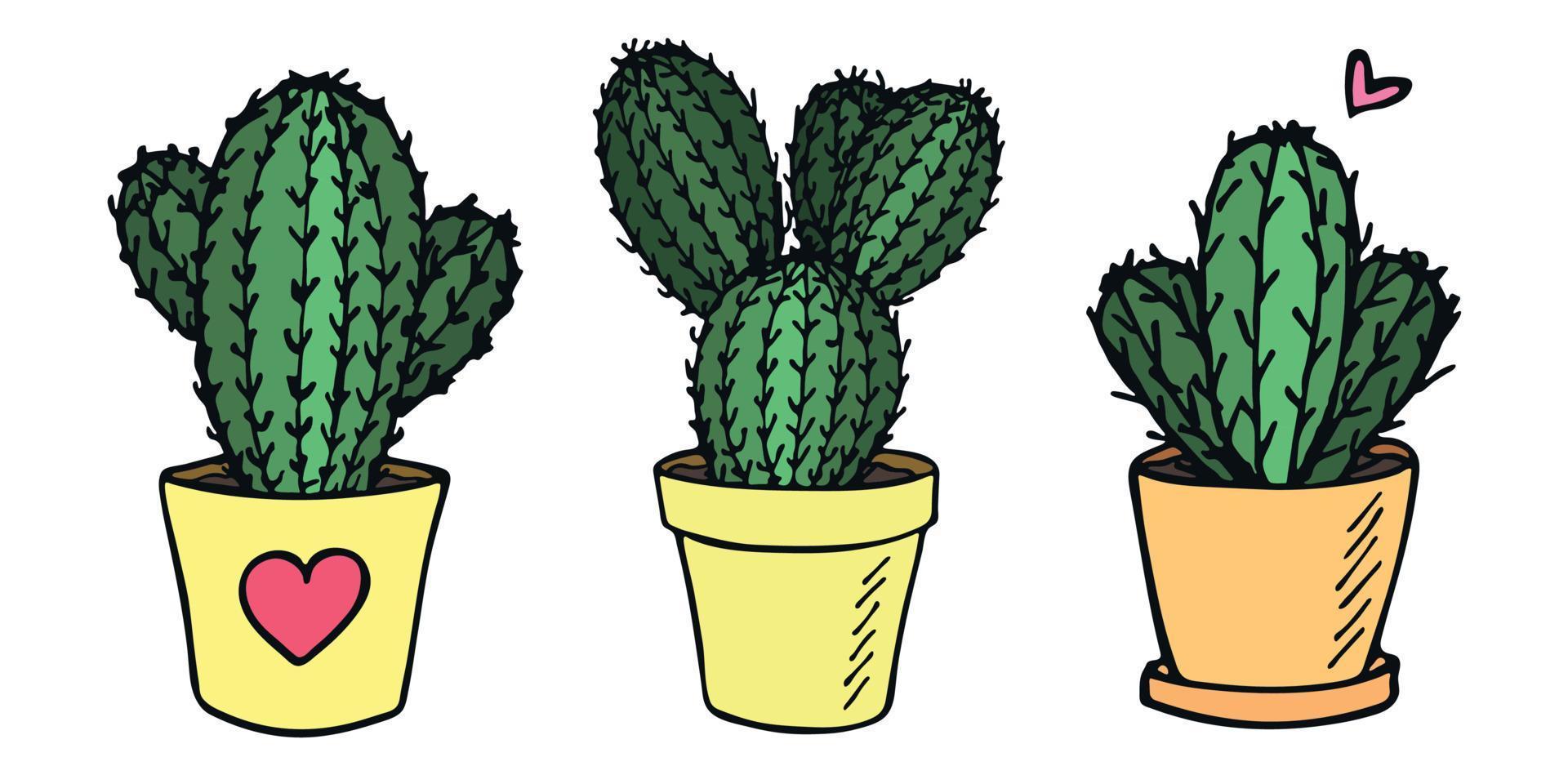 conjunto de cactos simples desenhados à mão bonito. planta de casa em um clipart de pote. ilustração de cactos. doodle em casa aconchegante. vetor