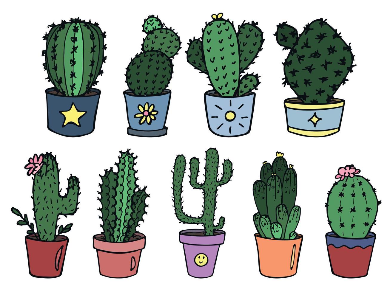 conjunto de cactos simples desenhados à mão bonito. planta de casa em um clipart de pote. ilustração de cactos. doodle em casa aconchegante. vetor