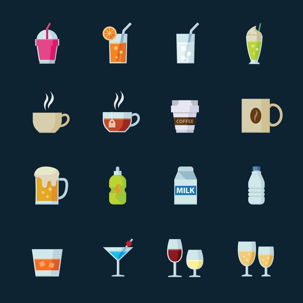 ícones de bebidas e bebidas com fundo preto vetor