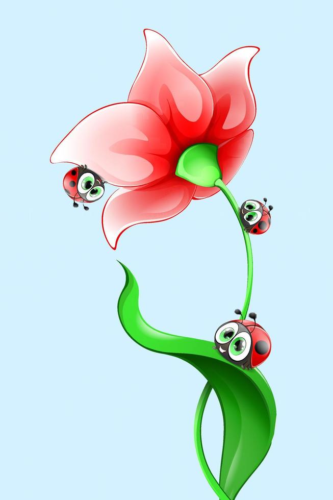 três joaninhas fofas na flor vermelha vetor