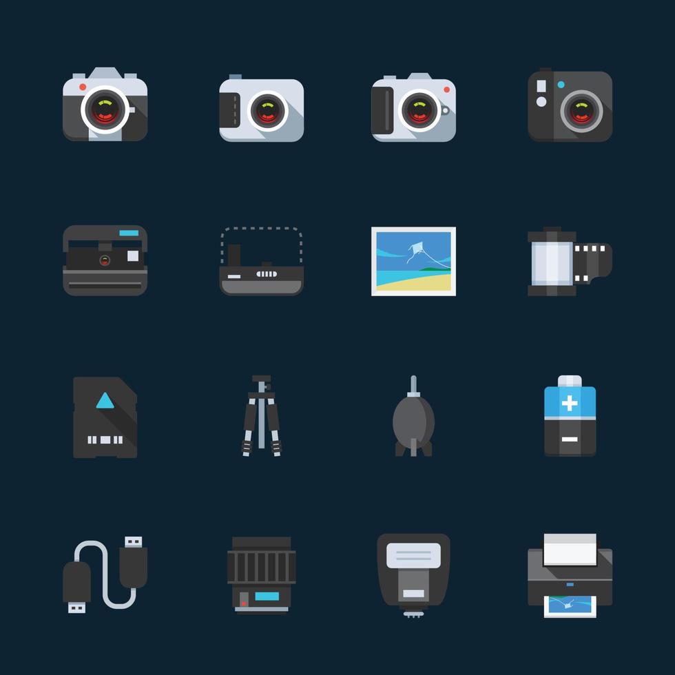 ícones de câmera e acessórios de câmera com fundo preto vetor