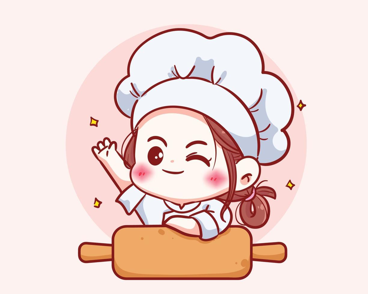 linda garota chef em personagem uniforme segurar a mão e sorrindo ilustração de arte dos desenhos animados do logotipo do restaurante de comida vetor