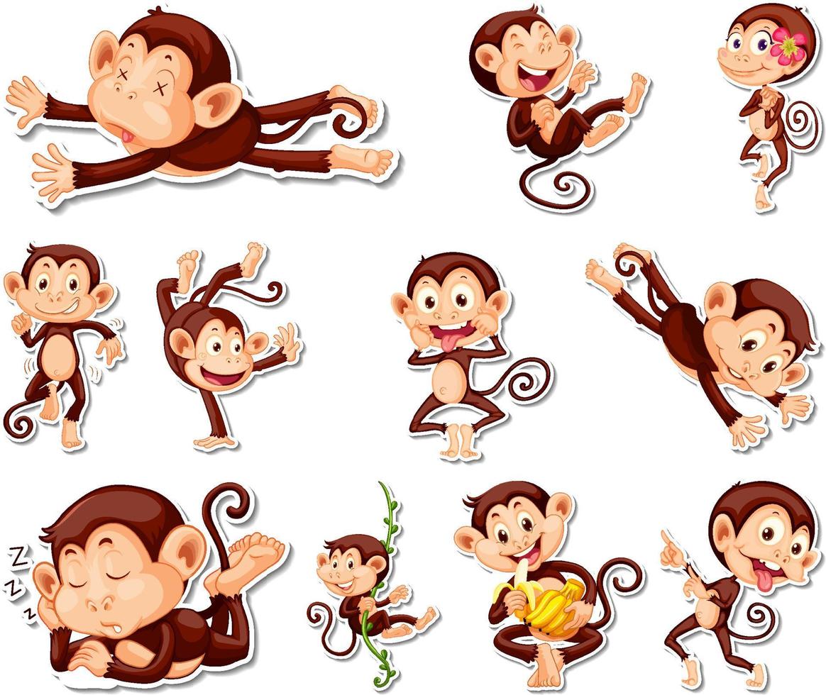 conjunto de adesivos de personagens de desenhos animados de macaco engraçado vetor