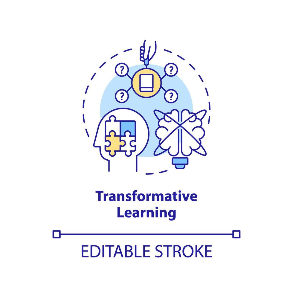 ícone do conceito de aprendizagem transformadora. teorias de educação de adultos e formas idéia abstrata ilustração de linha fina. desenho de contorno isolado. traço editável. vetor