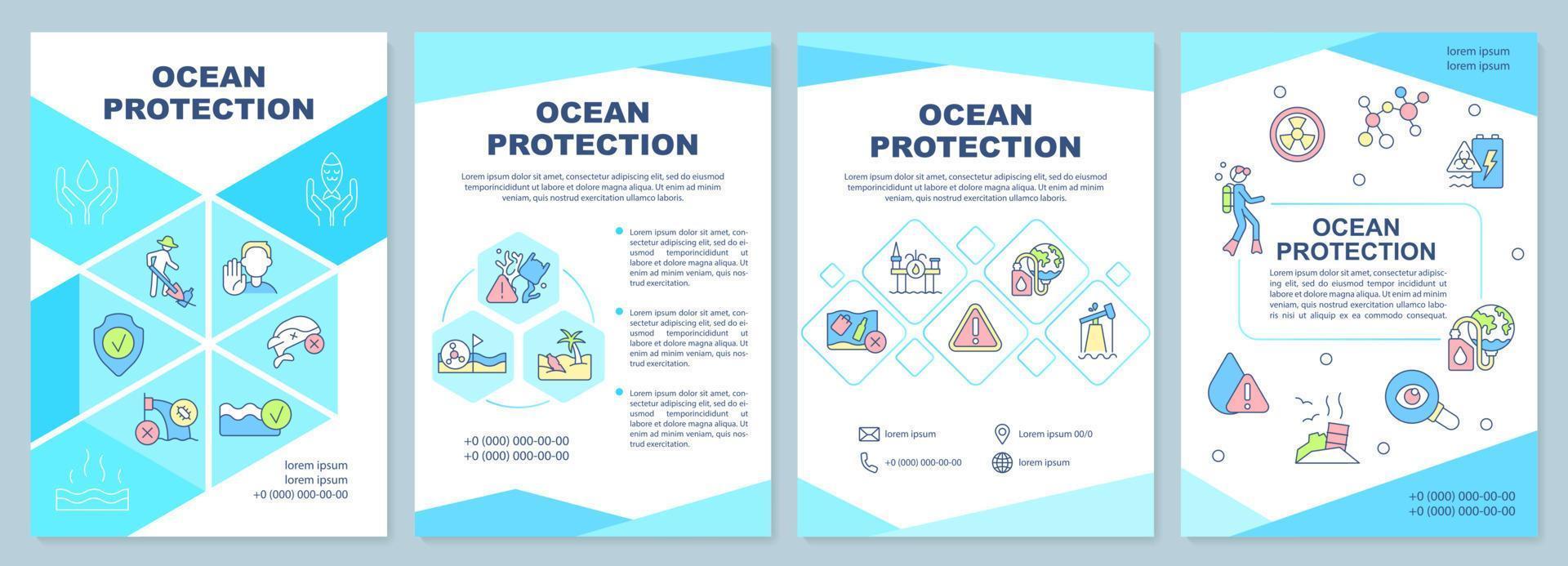 modelo de folheto turquesa de proteção oceânica. segurança das espécies marinhas. design de folheto com ícones lineares. 4 layouts vetoriais para apresentação, relatórios anuais. vetor