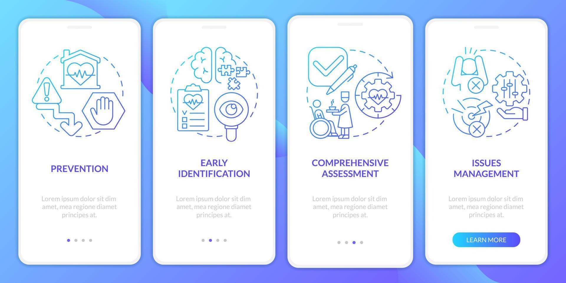 estágios de cuidados paliativos tela de aplicativo móvel de integração de gradiente azul. passo a passo 4 passos páginas de instruções gráficas com conceitos lineares. ui, ux, modelo de gui. vetor