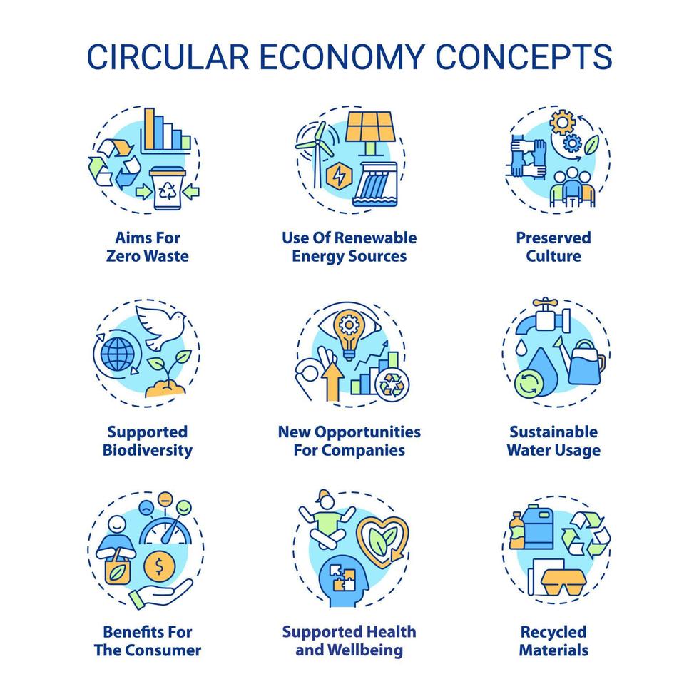 conjunto de ícones do conceito de economia circular. visa ilustrações coloridas de linha fina de ideia de desperdício zero. saúde e bem-estar apoiados. símbolos isolados. traço editável. vetor