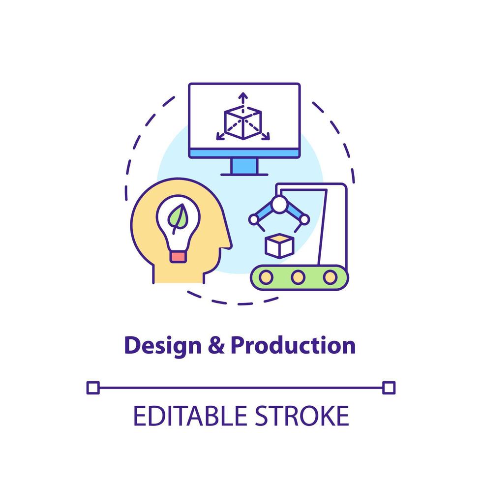 ícone de conceito de design e produção. processo de economia circular idéia abstrata ilustração de linha fina. desenvolvimento sustentável. desenho de contorno isolado. traço editável. vetor