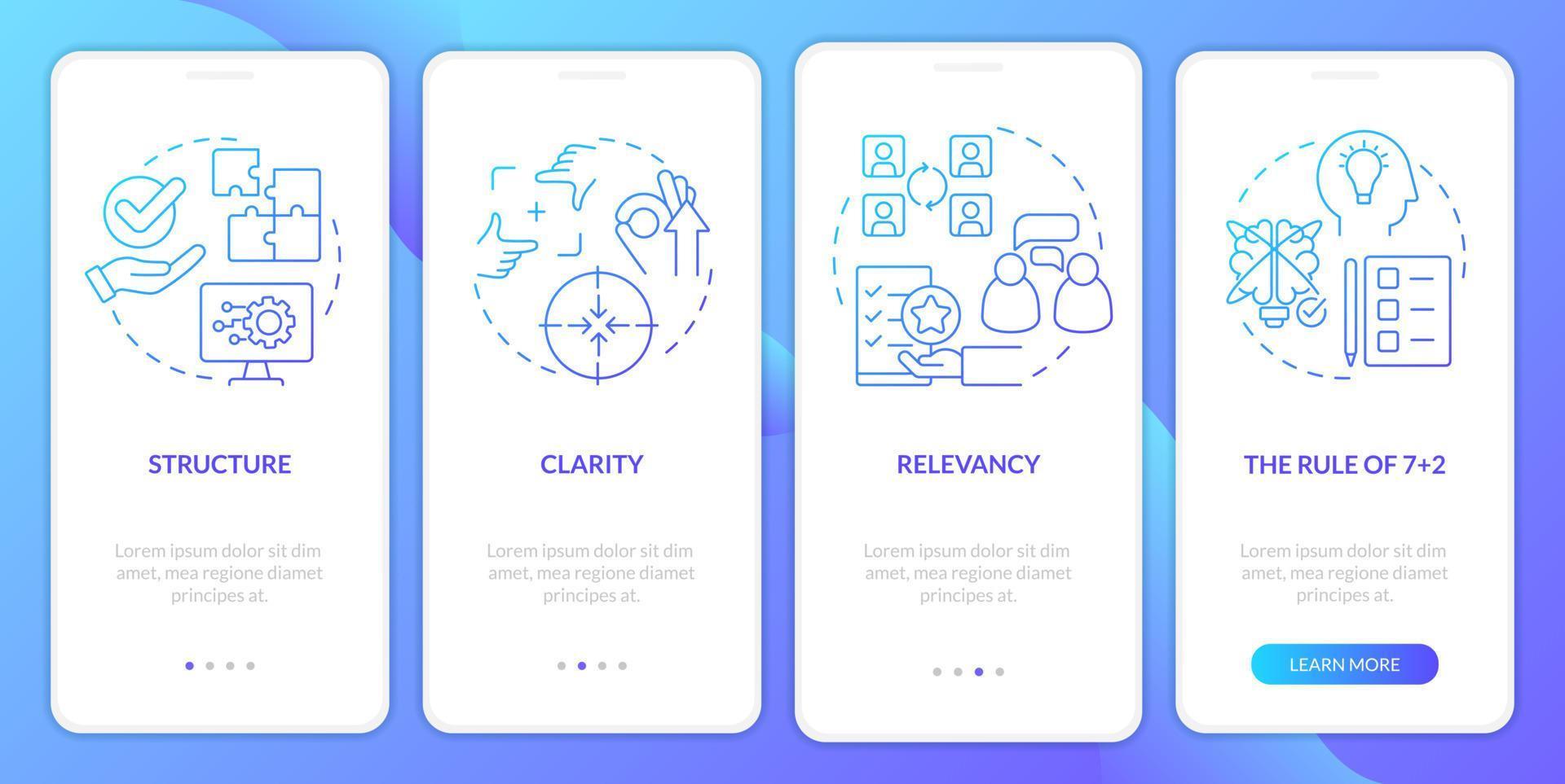 noções básicas de interação de negócios tela de aplicativo móvel de integração de gradiente azul. passo a passo 4 passos páginas de instruções gráficas com conceitos lineares. ui, ux, modelo de gui. vetor