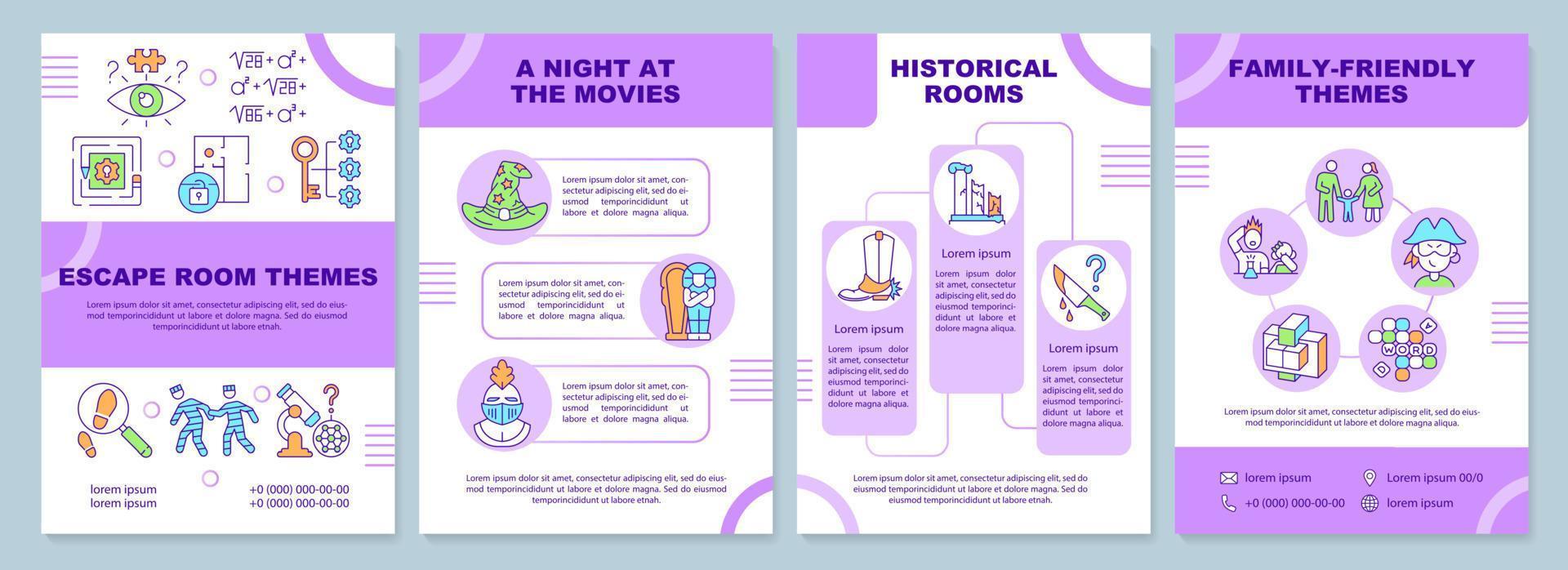 modelo de folheto roxo de temas de sala de fuga. noite no cinema. design de folheto com ícones lineares. 4 layouts vetoriais para apresentação, relatórios anuais. vetor